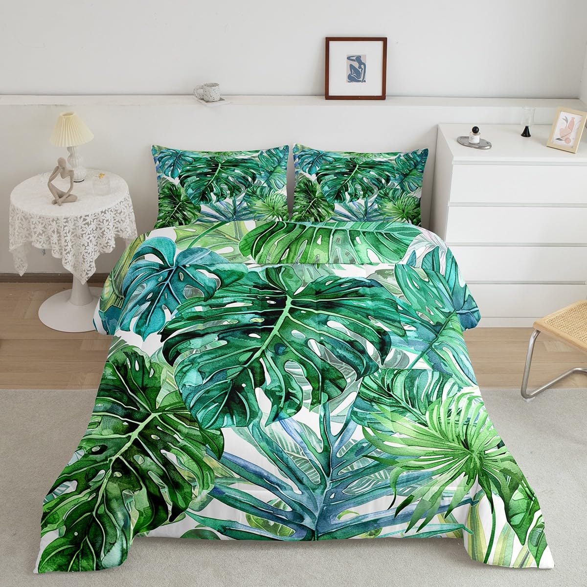Feelyou Palm Leaf Comforter Set Queen Size For Kids Hawaiian Tropical Botanical Bedding Set For All Season Green Palm Tree Decor